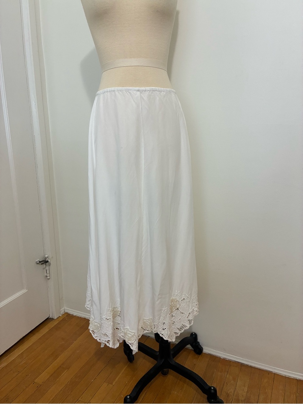 Rayon beaded hem midi skirt